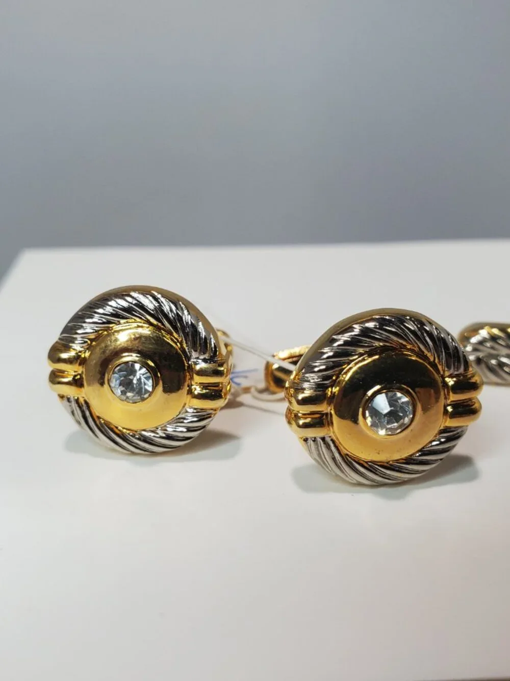 14K Gold-Plated Brass with Rhinestones Tie Clip & Cufflinks 3 Pc Set